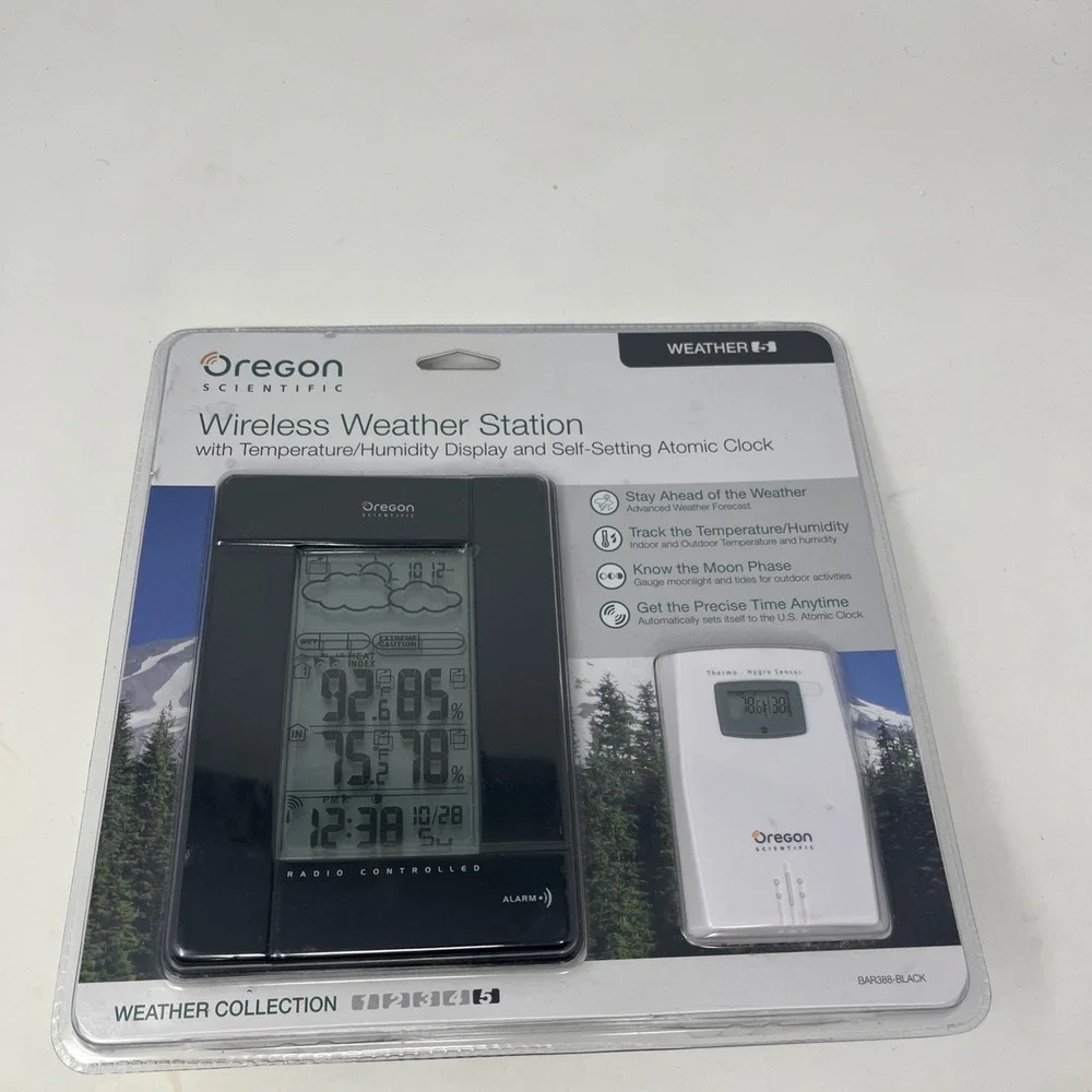 Oregon Scientific Wireless Weather Station Atomic Clock BAR388 Black New Sealed